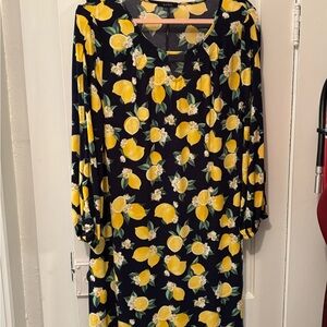 Avon Women's Lemon Print Long Sleeve Dress - Navy and Yellow